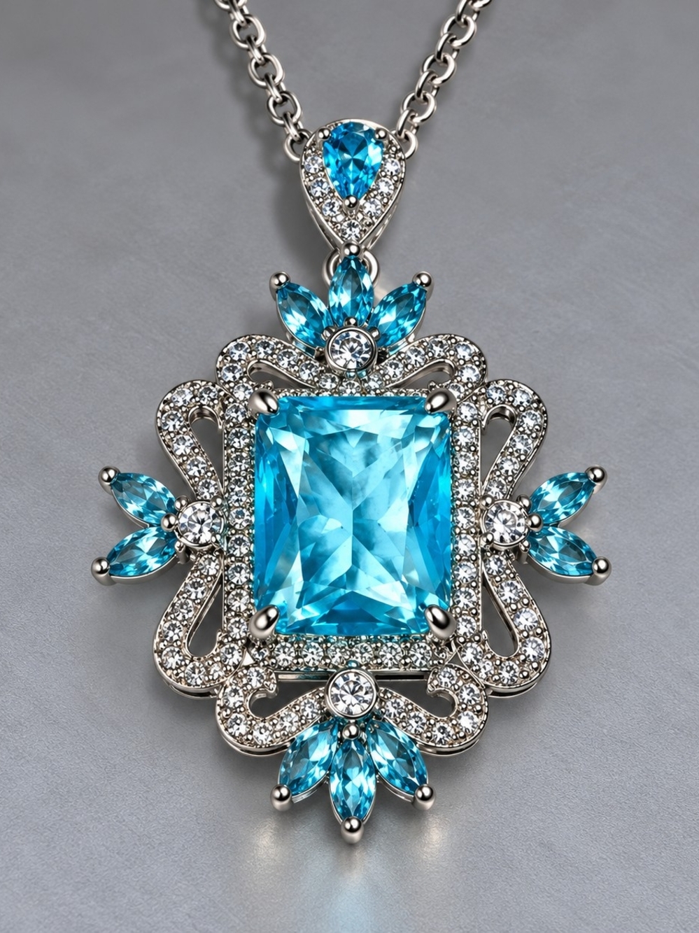 Silver Blue Topaz Style Pendant Necklace